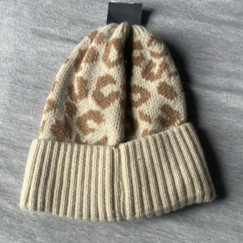 H&M Beige and Brown Leopard Print Beanie
